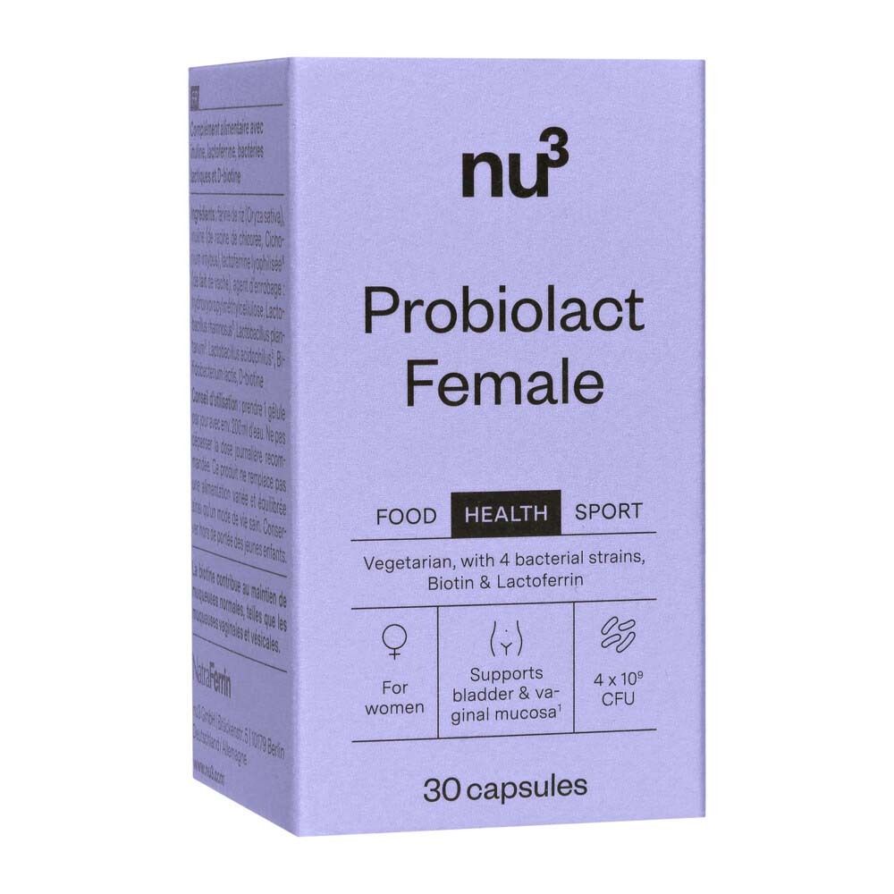 Eine Schachtel nu3 Probiolact Female mit Informationen für Frauen.