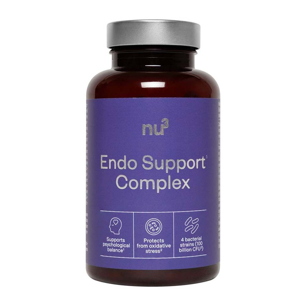 Braune Flasche mit blauem Etikett. Aufschrift: nu3 Endo Support Complex. Enthält 120 Kapseln.