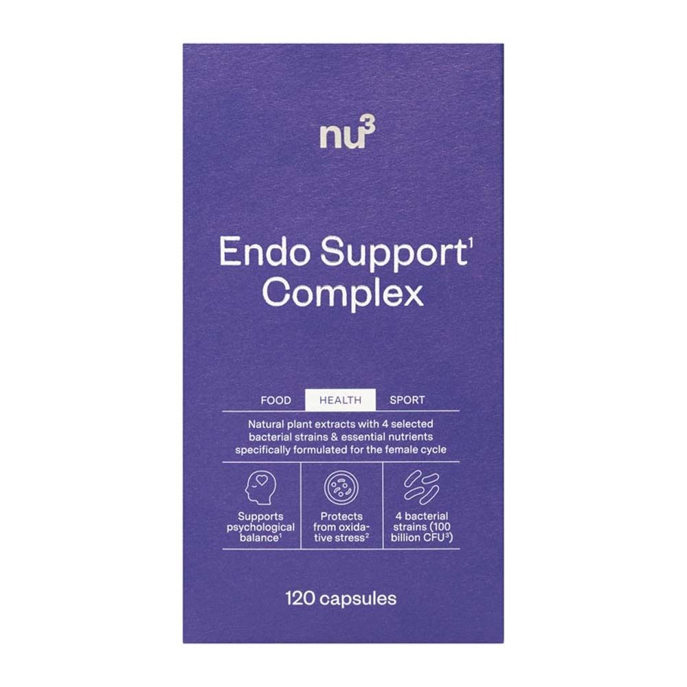 Blaue Verpackung mit Aufschrift: nu3 Endo Support Complex. Enthält 120 Kapseln. Für Gesundheit, Sport.