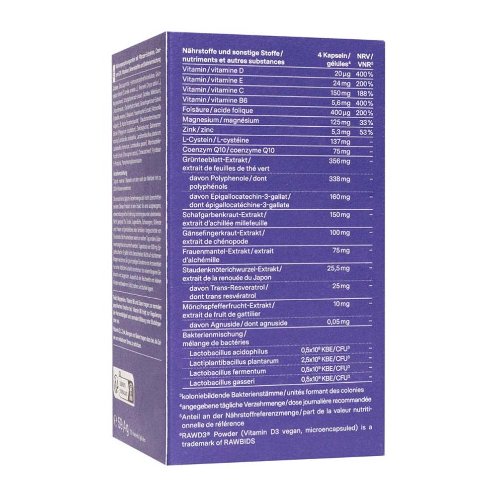 Rückseite der blauen Verpackung. Enthält Informationen zu Inhaltsstoffen und Nährwerten. Aufschrift: nu3 Endo Support Complex.