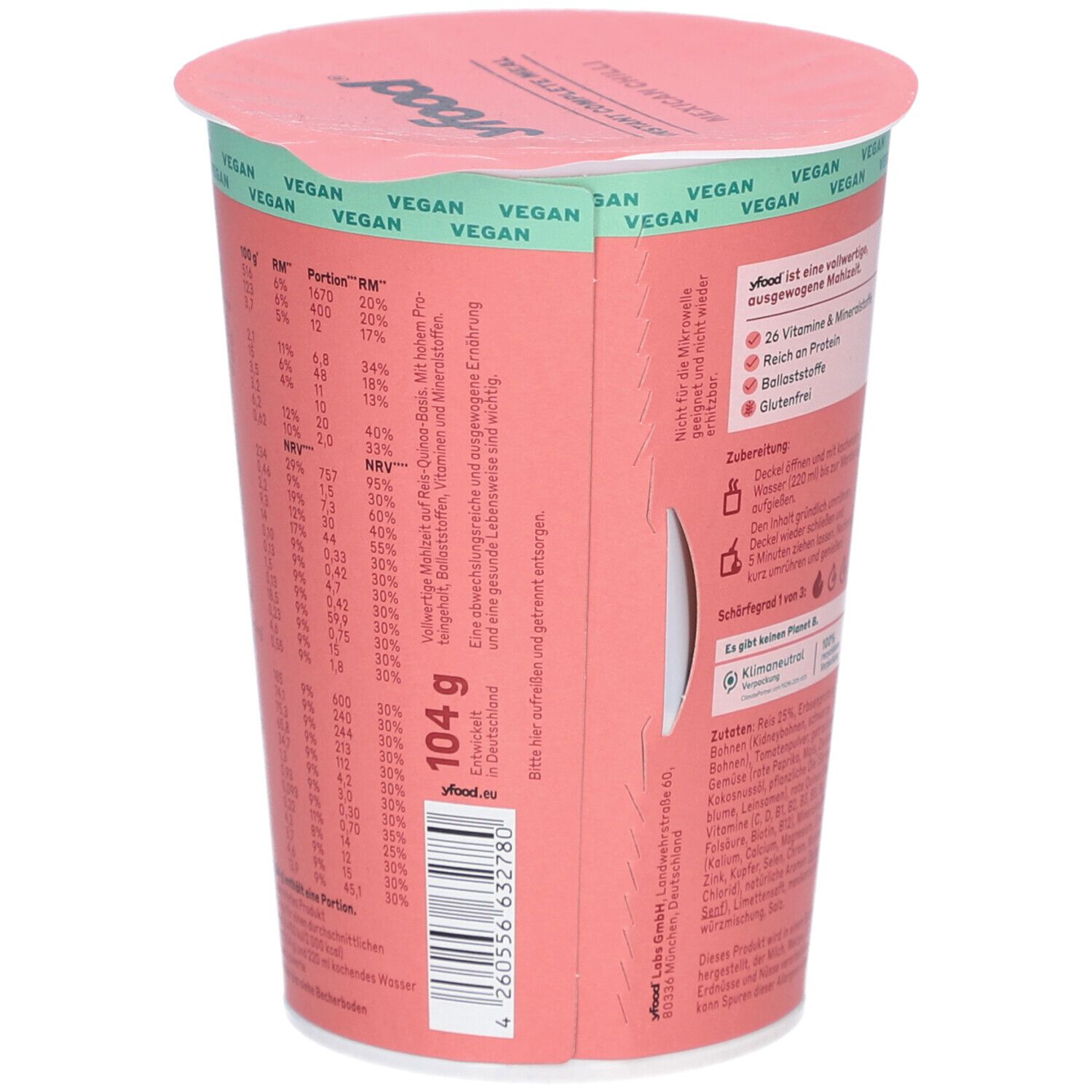 Rosa Becher, Rückseite mit Text. Enthält Nährwertangaben, 104g. Vegan-Siegel. yfood.eu. Barcode.