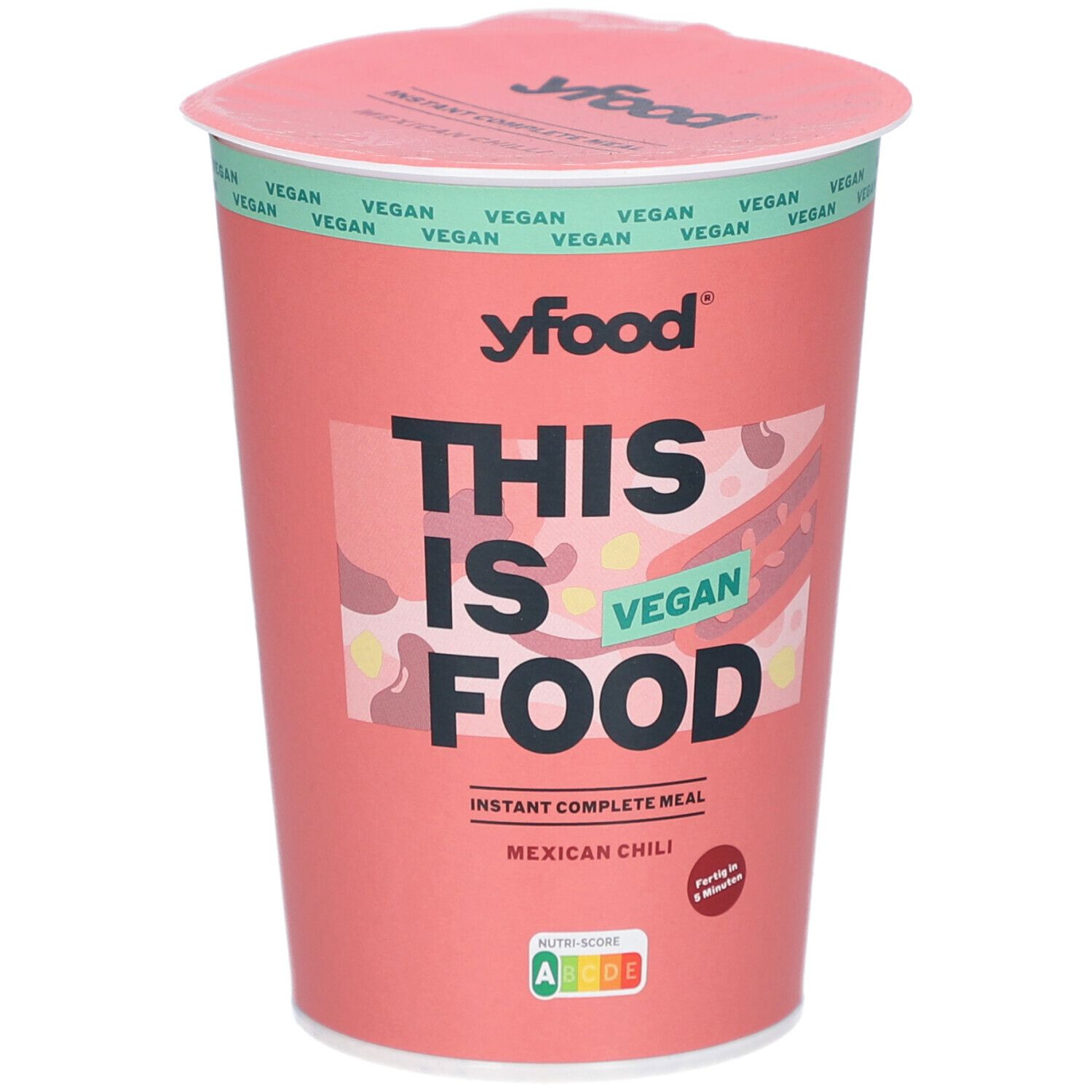 Rosa Becher mit Deckel. Aufschrift: yfood, THIS IS FOOD, VEGAN, Instant Complete Meal, Mexican Chili. Vegan-Siegel.