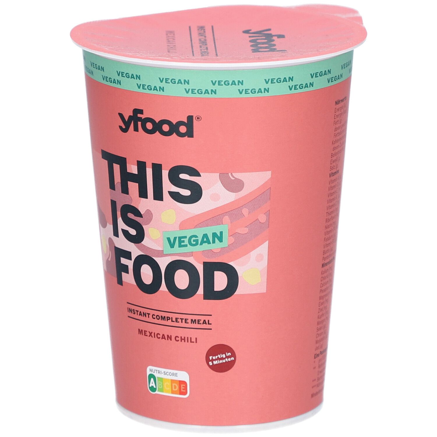 Rosa Becher mit Deckel. Aufschrift: yfood, THIS IS FOOD, VEGAN, Instant Complete Meal, Mexican Chili. Vegan-Siegel.