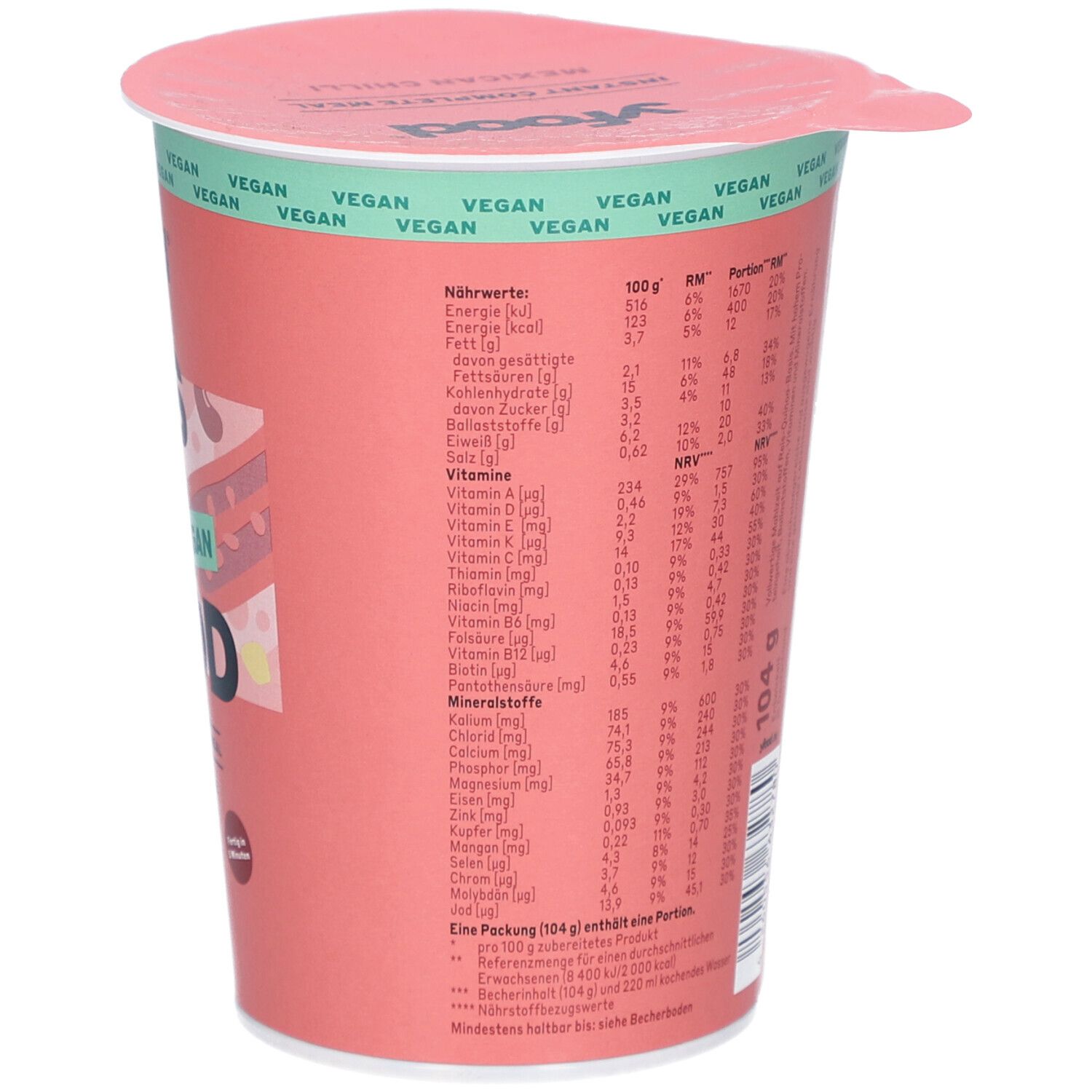 Rosa Becher, Rückseite mit Text. Enthält Nährwertangaben. Vegan-Siegel. 100g. yfood.eu. Informationen zu Nährwerten.