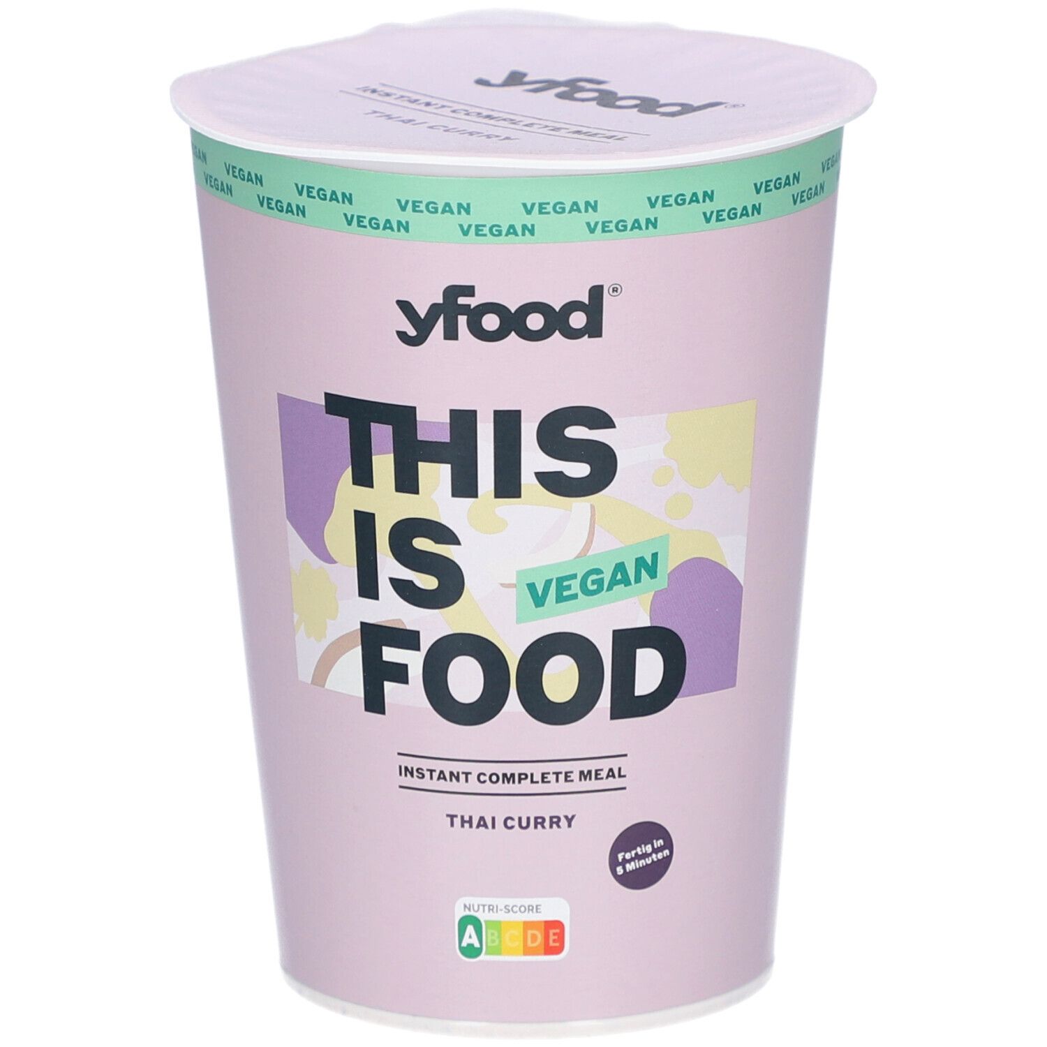 Becher mit yfood Thai Curry. Aufschrift: THIS IS FOOD VEGAN. Sofortgericht. Nährwertkennzeichnung.