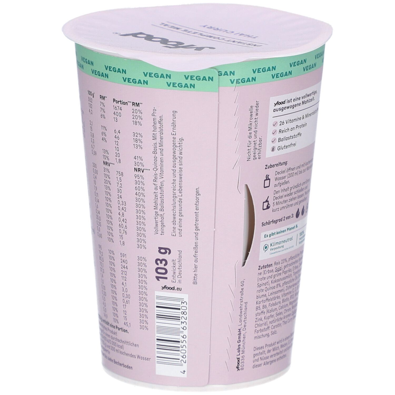 Seite des yfood Thai Curry Bechers. Nährwertangaben, 103g, .yfood.eu, Barcode.