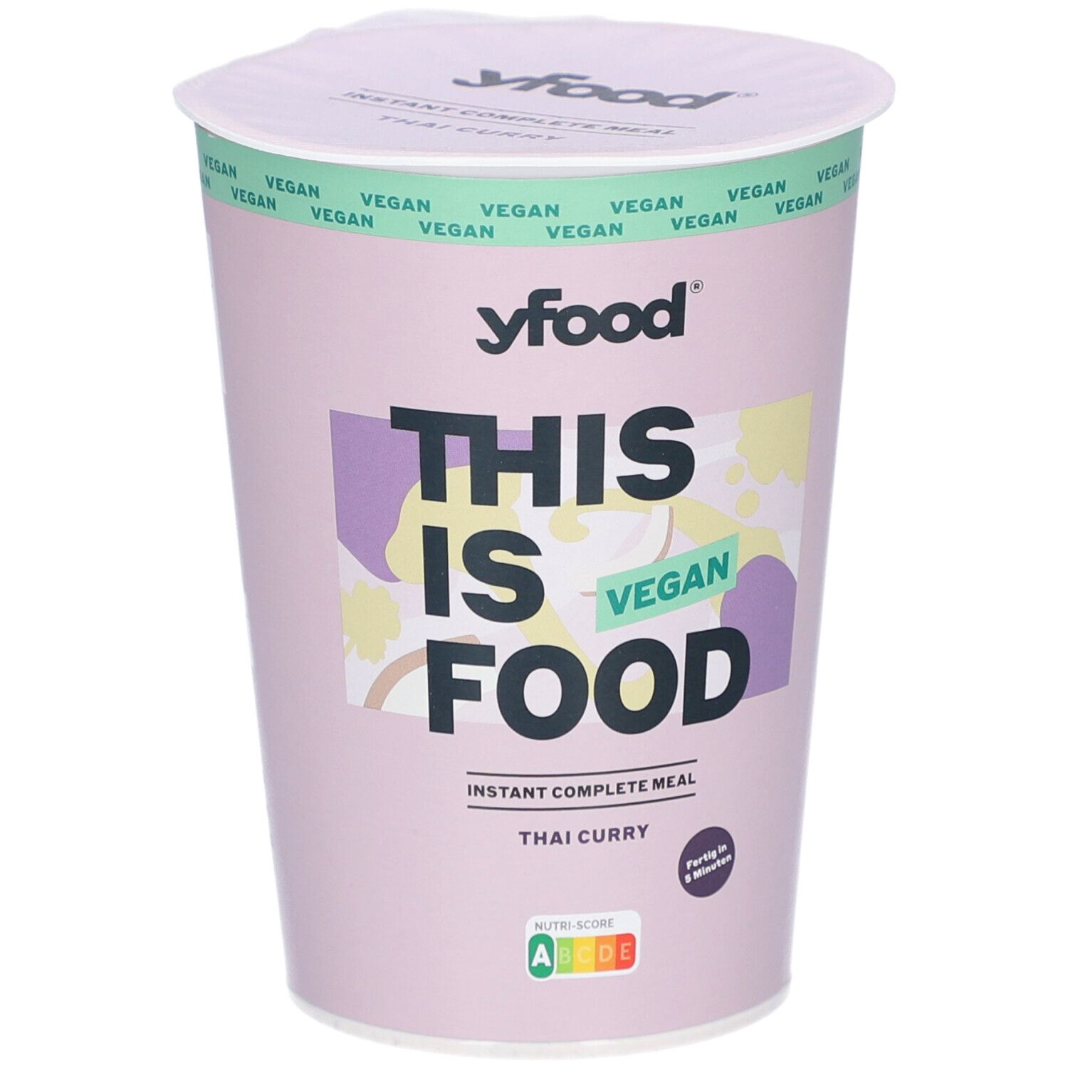 Becher mit yfood Thai Curry. Aufschrift: THIS IS FOOD VEGAN. Sofortgericht. Nährwertkennzeichnung.