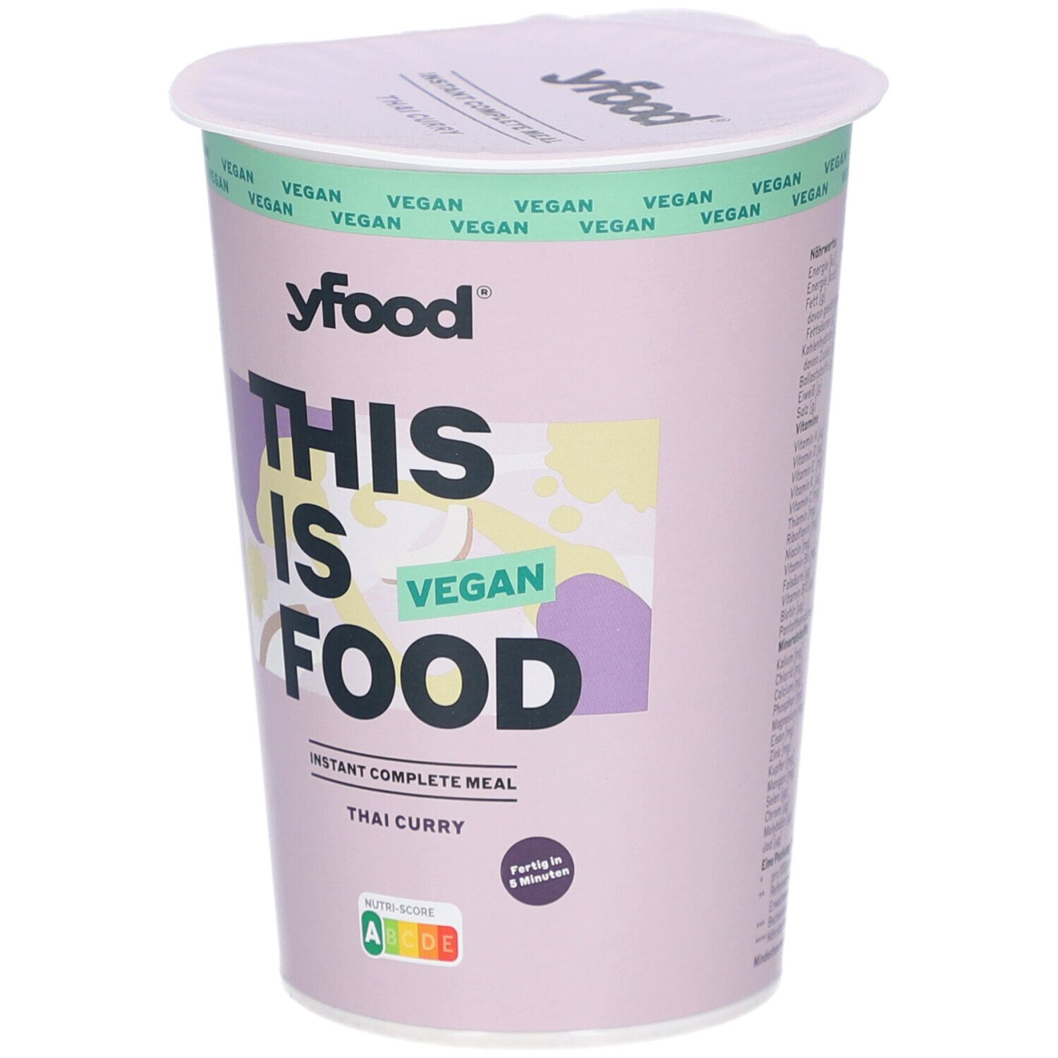 Becher mit yfood Thai Curry. Aufschrift: THIS IS FOOD VEGAN. Sofortgericht. Nährwertkennzeichnung.