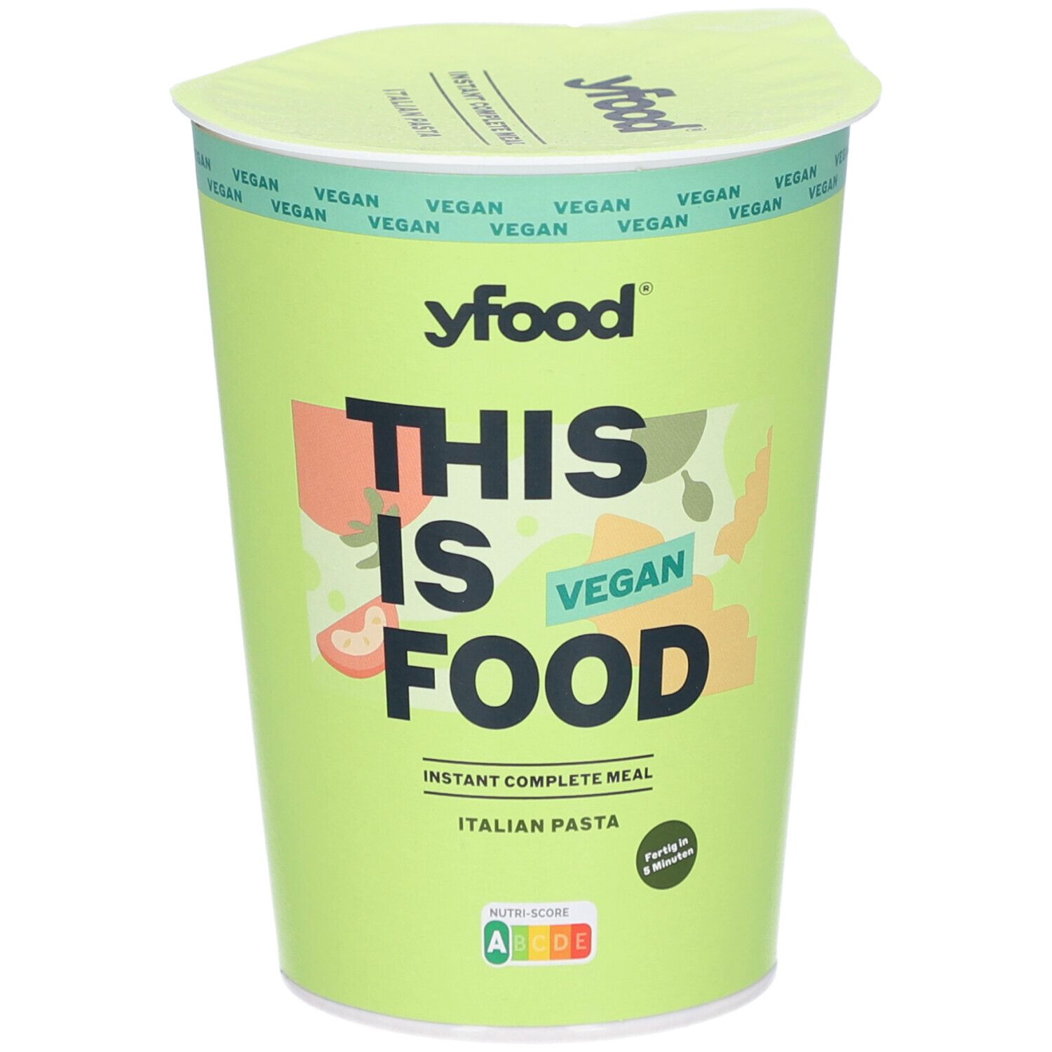 Grüner Becher mit Deckel. Aufschrift: yfood, THIS IS VEGAN FOOD, Instant Complete Meal, Italian Pasta. Vegan-Siegel.