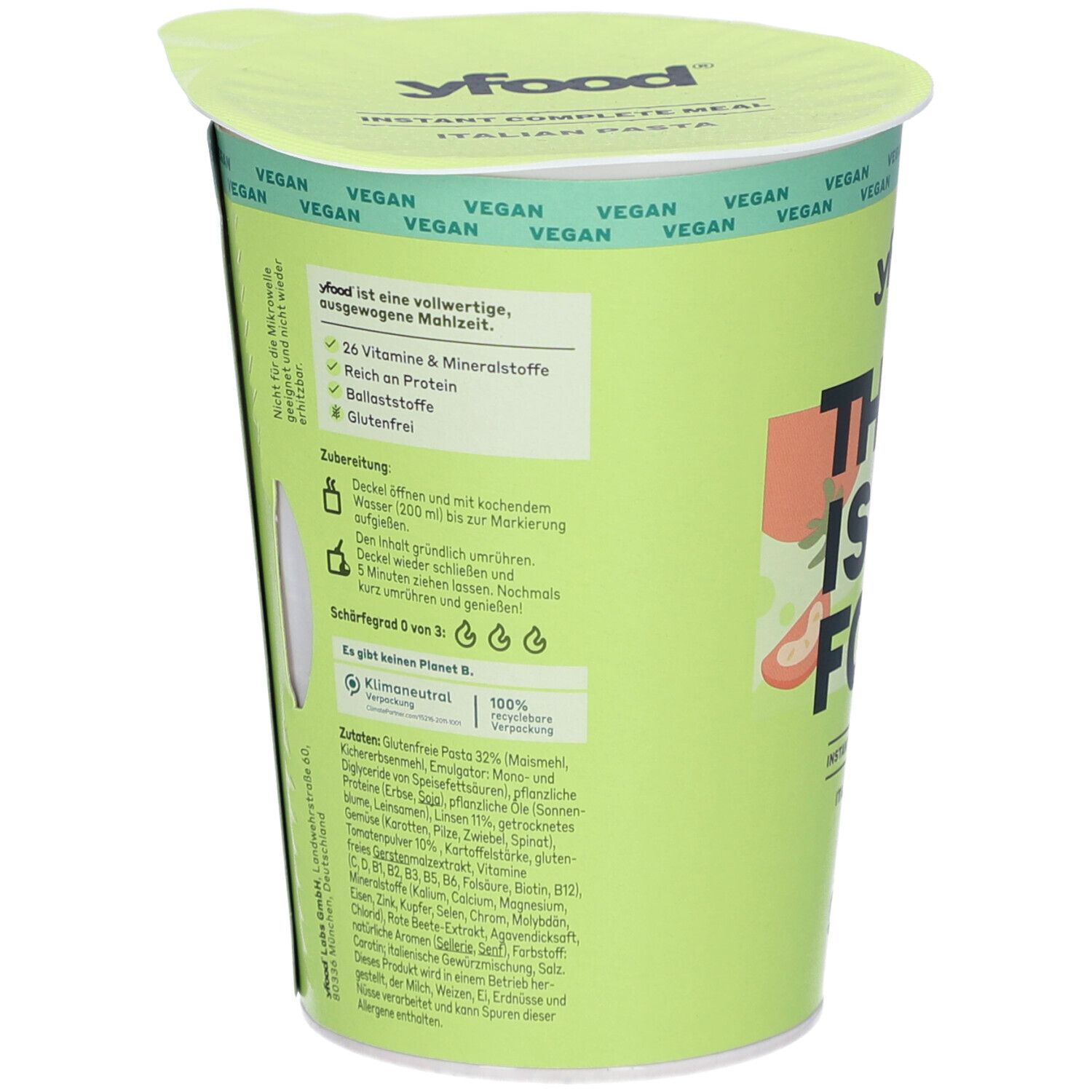 Grüner Becher mit Deckel. Aufschrift: yfood. Text mit Nährwertangaben, Zubereitungshinweisen und Zutatenliste. Vegan-Siegel.