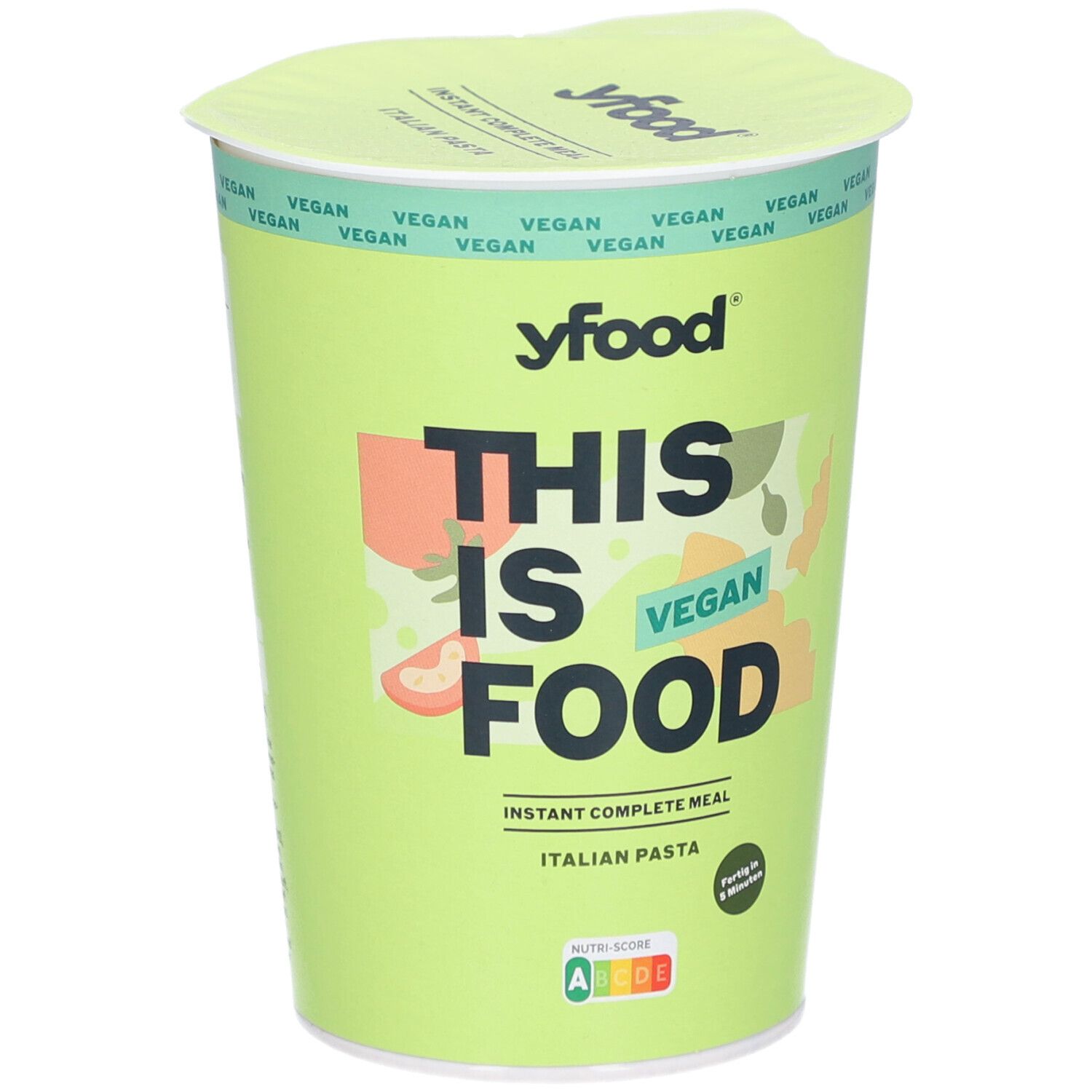 Grüner Becher mit Deckel. Aufschrift: yfood, THIS IS VEGAN FOOD, Instant Complete Meal, Italian Pasta. Vegan-Siegel.