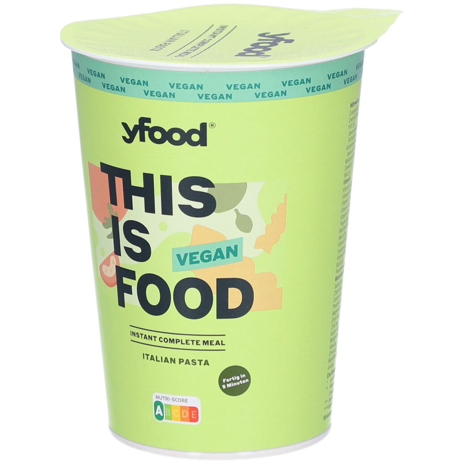 Grüner Becher mit Deckel. Aufschrift: yfood, THIS IS VEGAN FOOD, Instant Complete Meal, Italian Pasta. Vegan-Siegel.