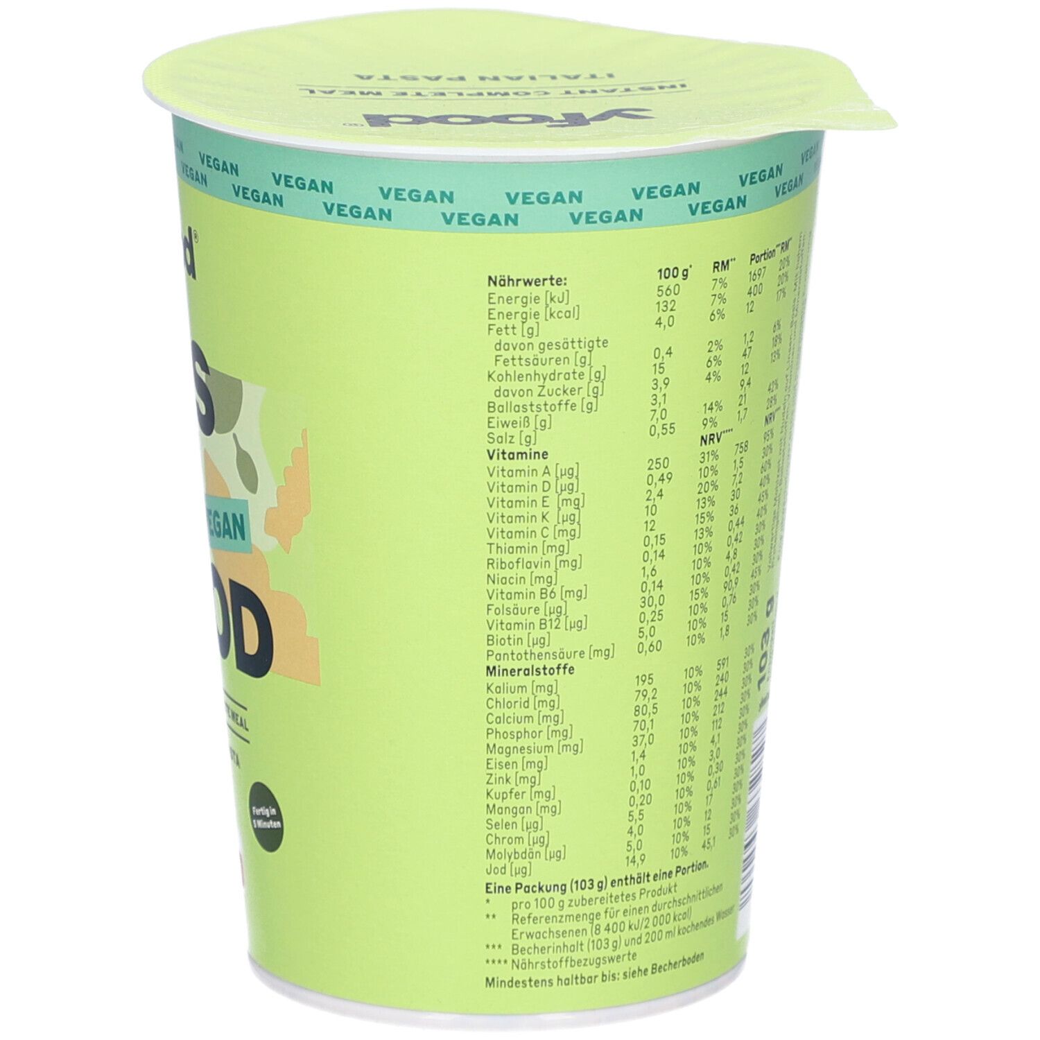 Grüner Becher mit Deckel. Aufschrift: yfood. Text mit Nährwertangaben. Vegan-Siegel.