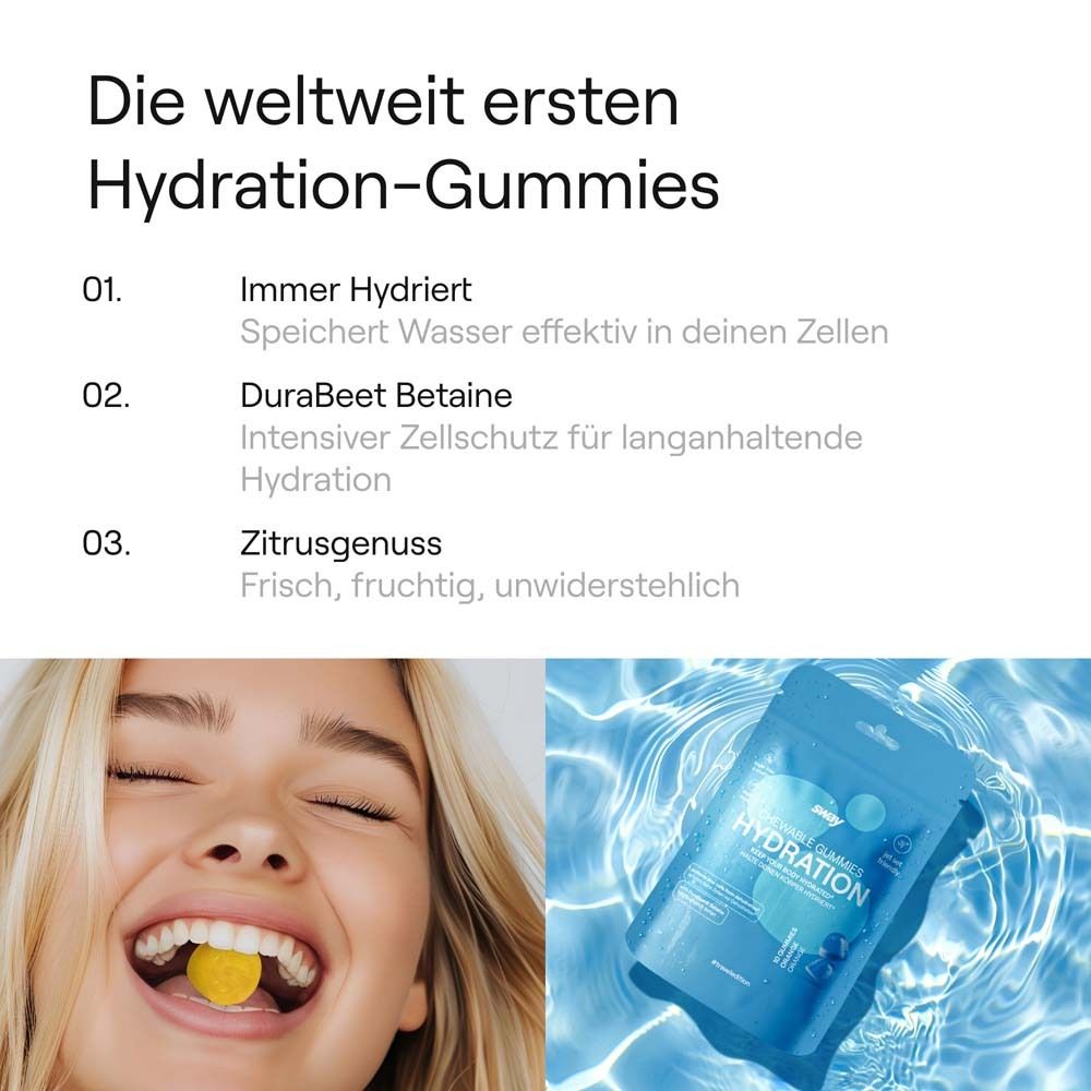 Text mit 'Die weltweit ersten Hydration-Gummies'. Frau mit Gummie im Mund. Beutel mit 'Hydration' Gummie im Wasser.