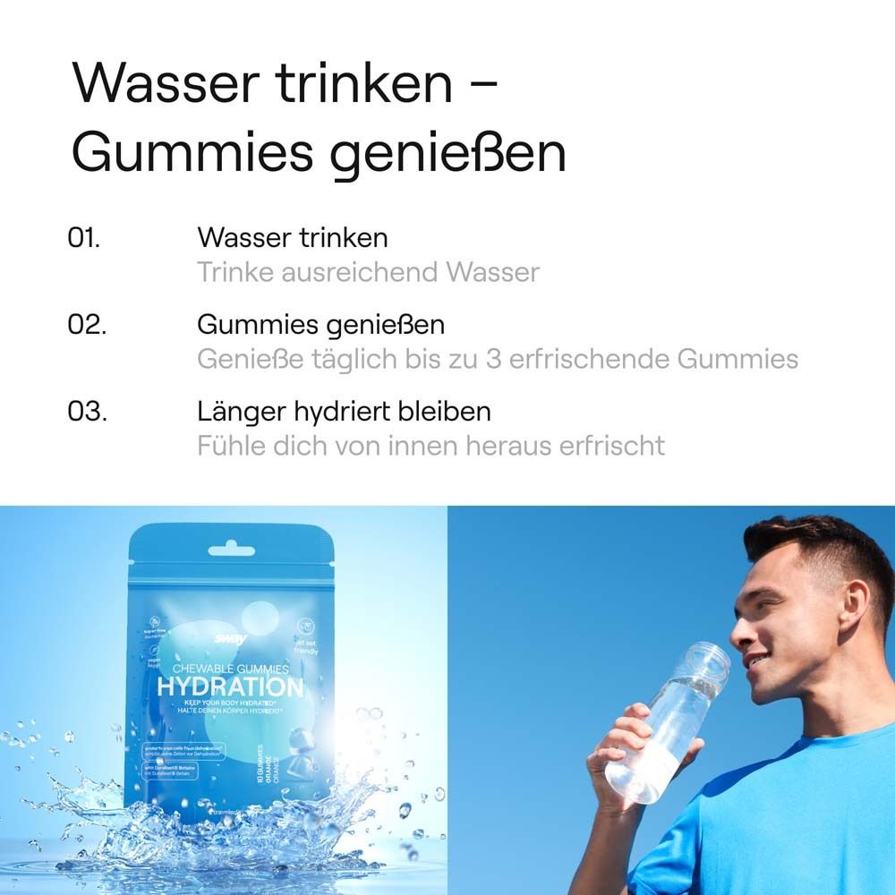 Text: 'Wasser trinken - Gummies genießen'. Beutel mit 'Hydration' Gummie im Wasser. Mann mit Wasserflasche.