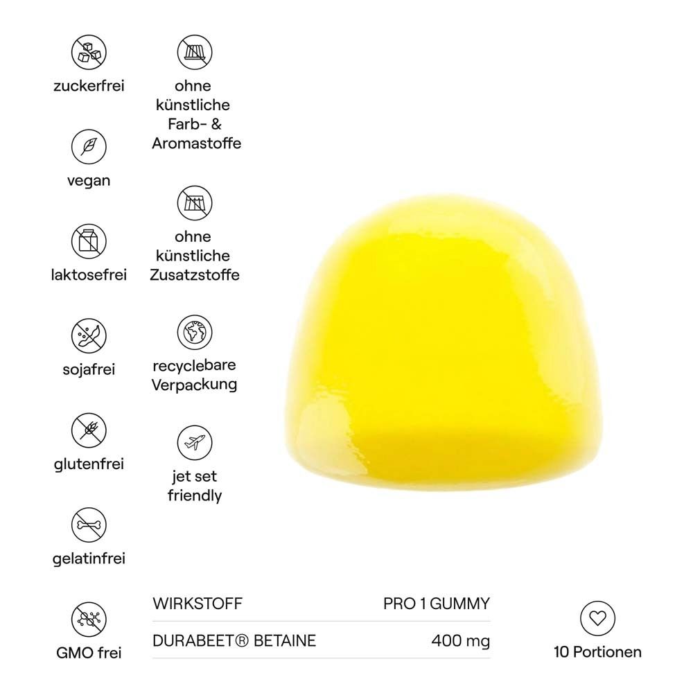 Gelbe Gummie mit Text: 'Wirkstoff DuraBeet Betaine 400 mg'. 10 Portionen. Symbole: zuckerfrei, vegan, etc.