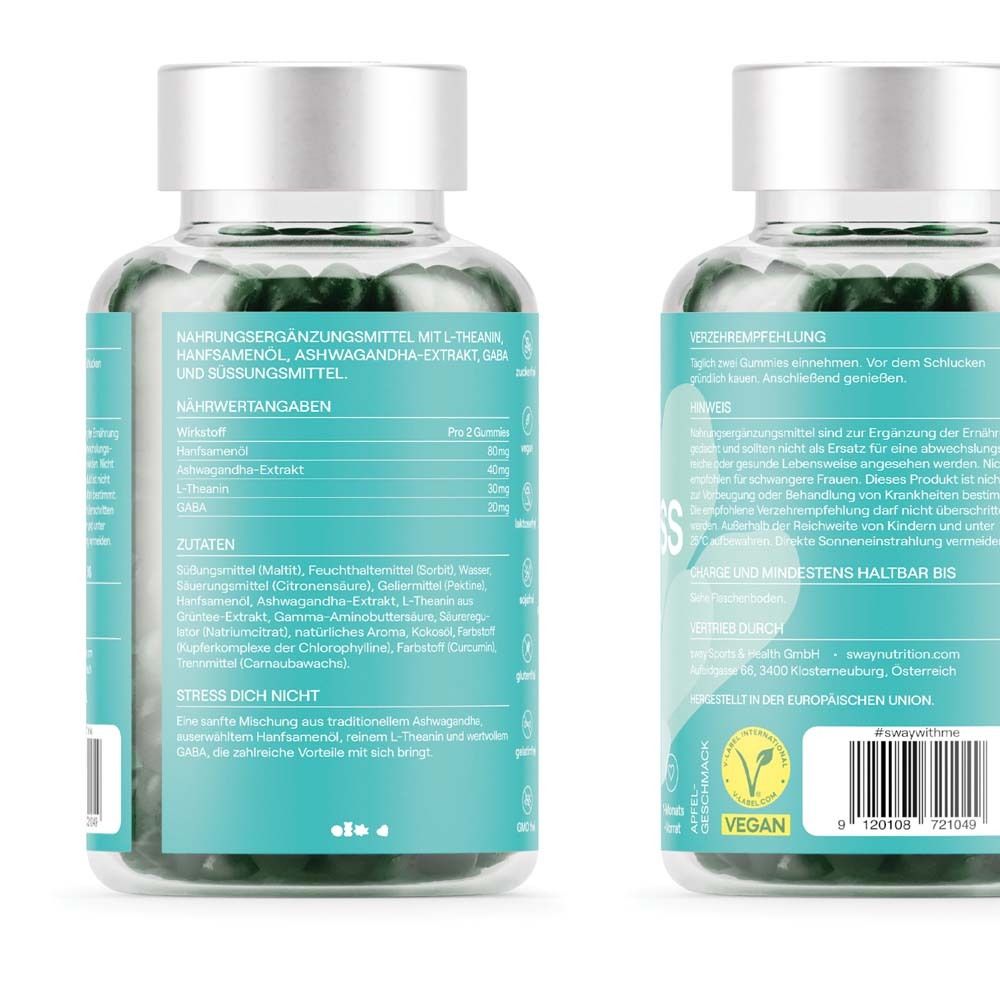 Rückseite der Anti-Stress-Flasche. Nährwertangaben, Zutaten, Hinweise. Vegan-Siegel.