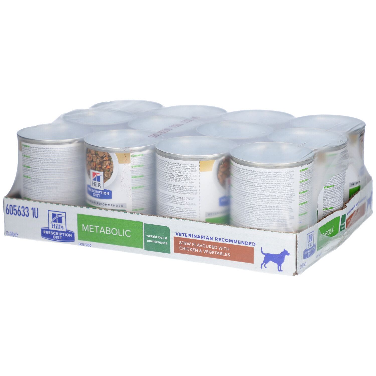 Packung mit 12 Dosen Hill's Prescription Diet Metabolic Hundefutter. In Folie verpackt, von oben.