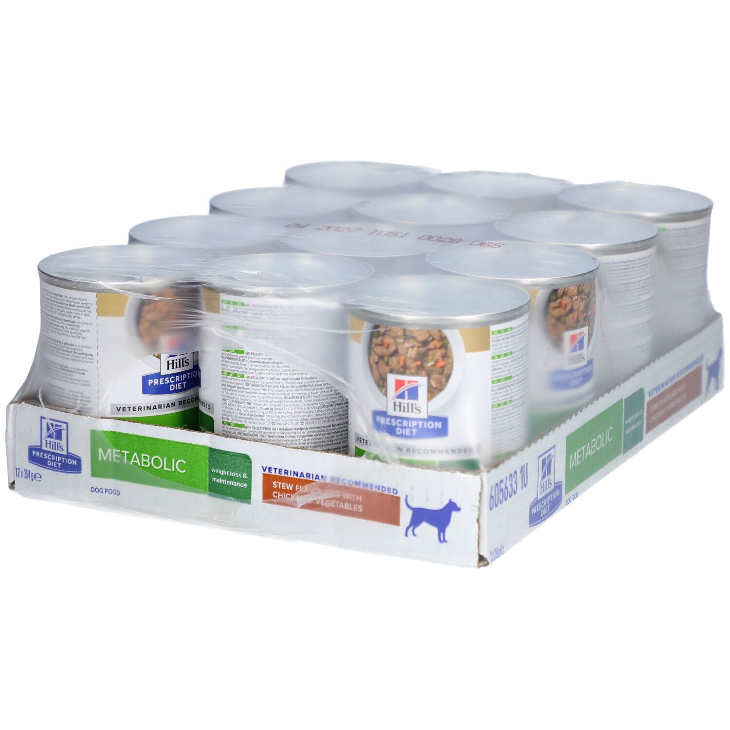 Packung mit 12 Dosen Hill's Prescription Diet Metabolic Hundefutter. In Folie verpackt, von oben.