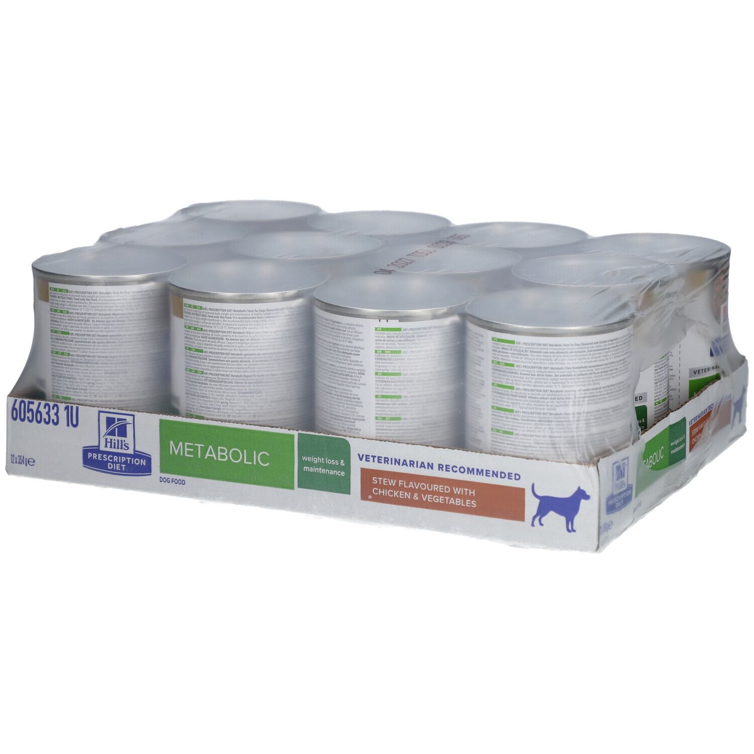 Packung mit 12 Dosen Hill's Prescription Diet Metabolic Hundefutter. In Folie verpackt, von oben.