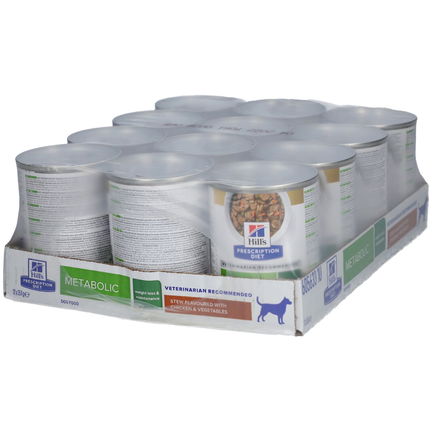 Packung mit 12 Dosen Hill's Prescription Diet Metabolic Hundefutter. In Folie verpackt, von oben.