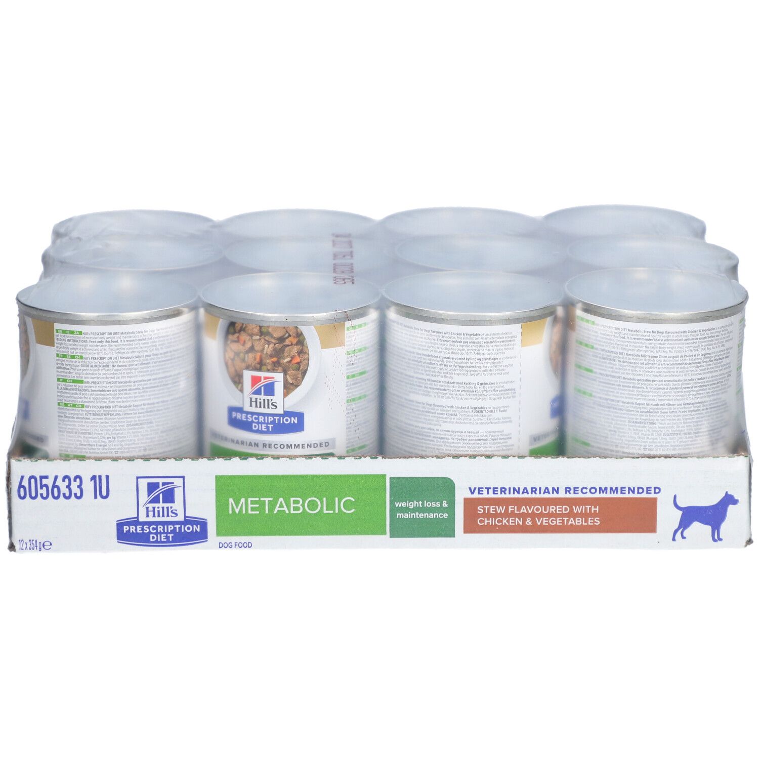 Packung mit 12 Dosen Hill's Prescription Diet Metabolic Hundefutter. In Folie verpackt, von oben.