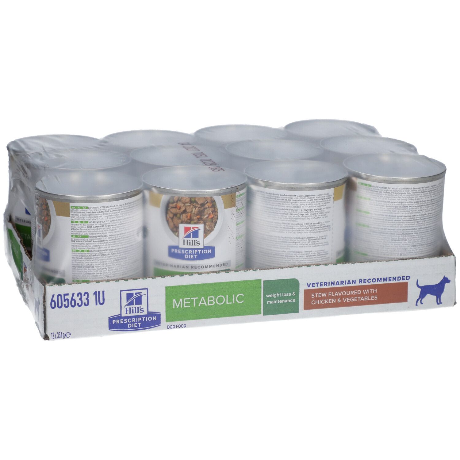 Packung mit 12 Dosen Hill's Prescription Diet Metabolic Hundefutter. In Folie verpackt, von oben.