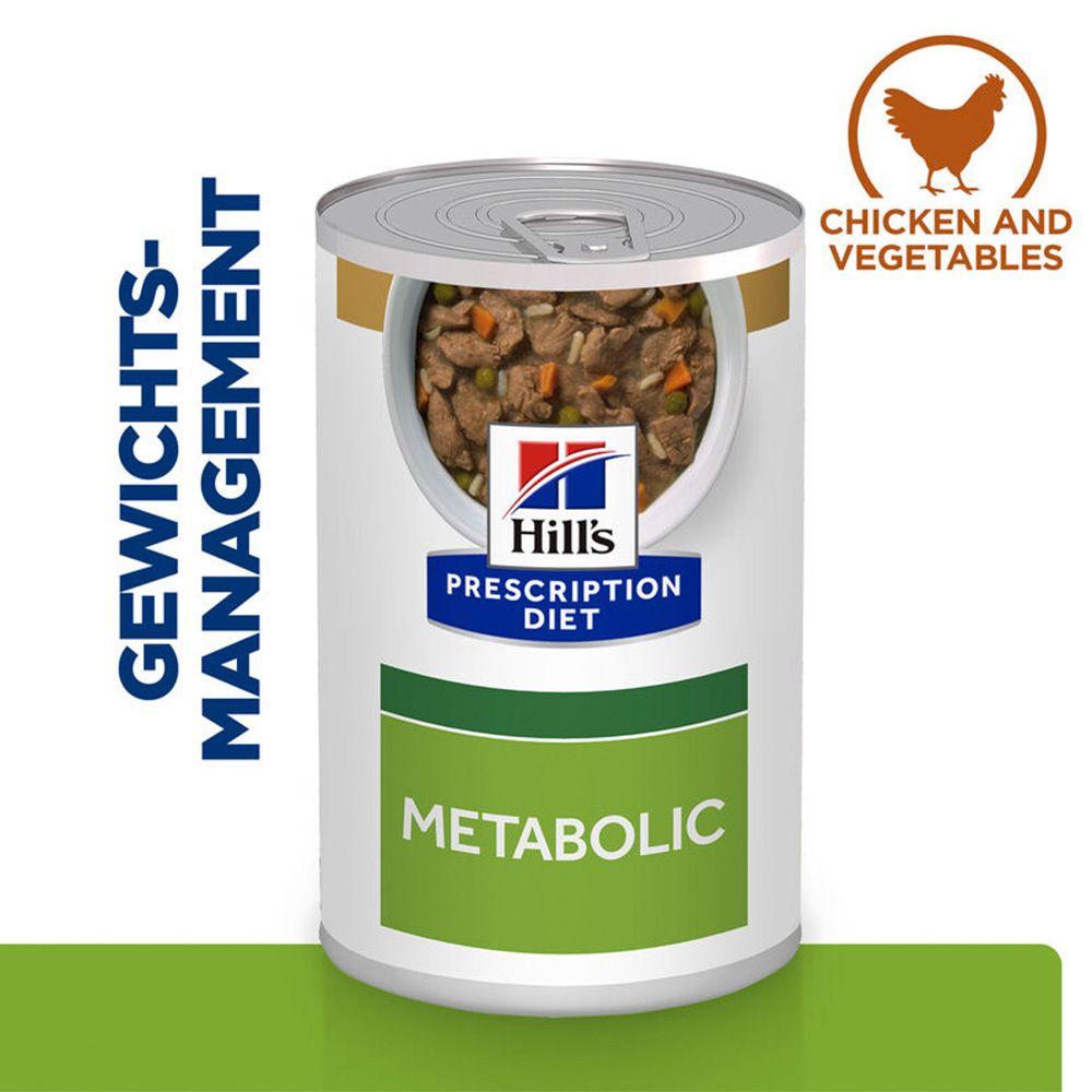 Hills Prescription Diet Metabolic Hundefutterdose. Mit Huhn und Gemüse. Dose mit Deckel, Nahaufnahme.