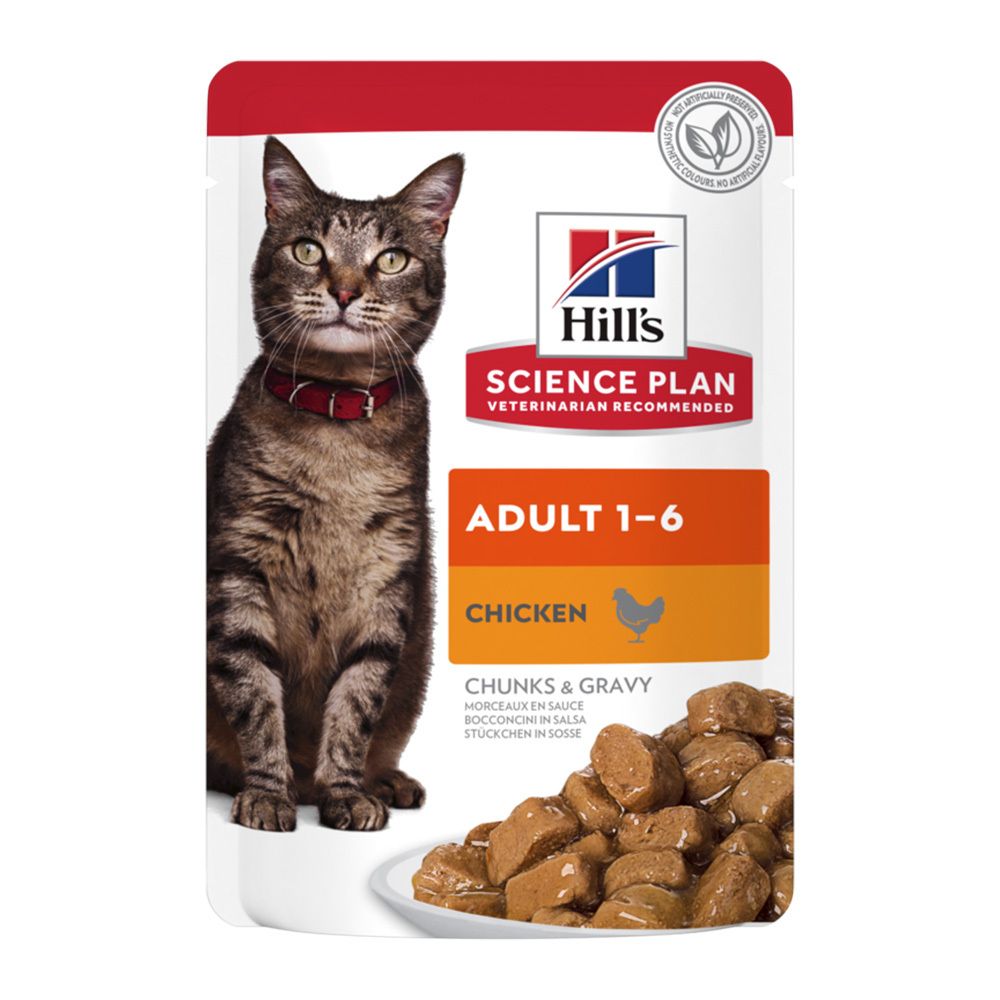 Frischebeutel mit Katzenfutter. Aufdruck: Hill's Science Plan, Adult 1-6, Huhn, Chunks & Gravy. Katze mit rotem Halsband.