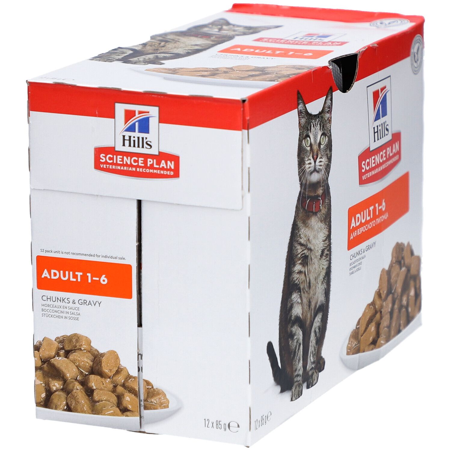 Karton mit Katzenfutter. Aufdruck: Hill's Science Plan, Adult 1-6, Chunks & Gravy. Abbildung einer Katze mit rotem Halsband.