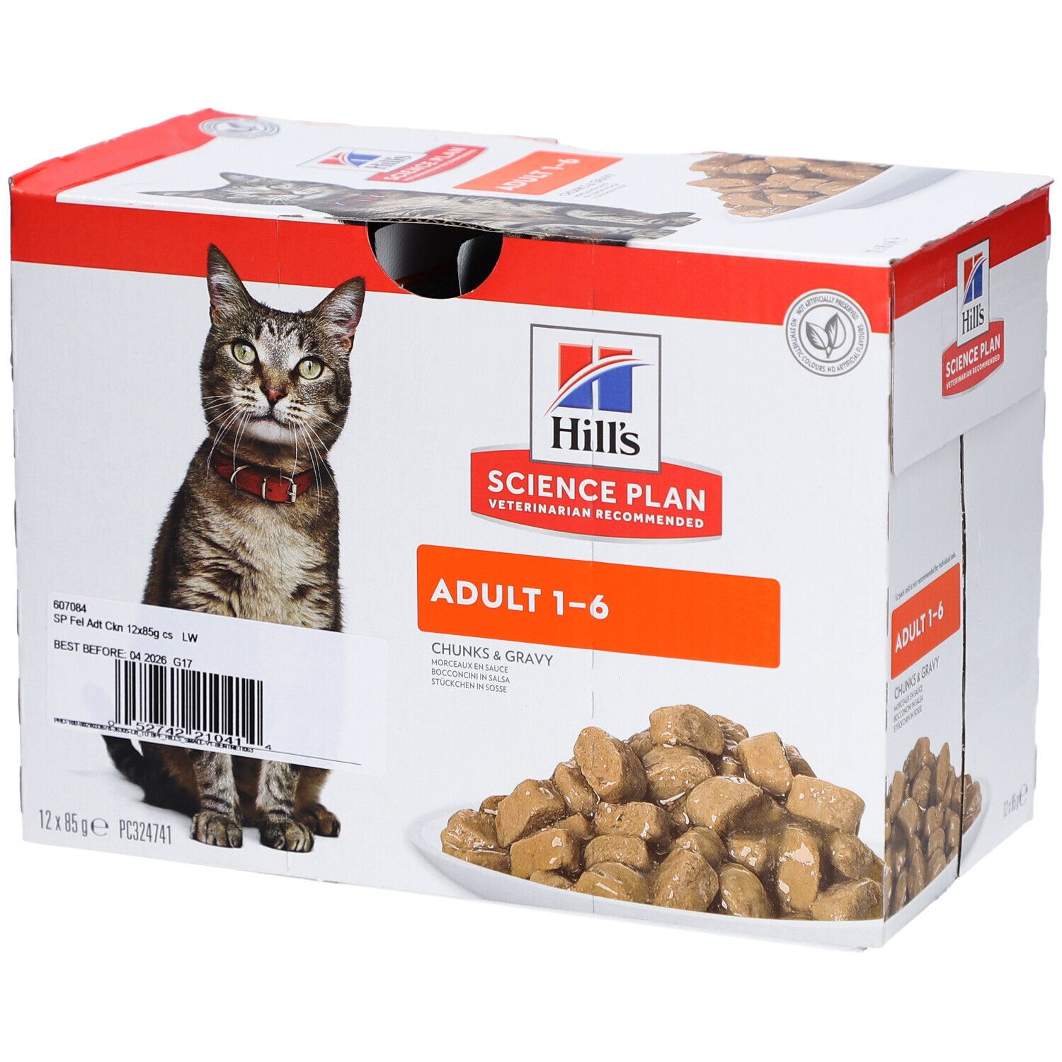 Karton mit Katzenfutter. Aufdruck: Hill's Science Plan, Adult 1-6, Chunks & Gravy. Abbildung einer Katze mit rotem Halsband.