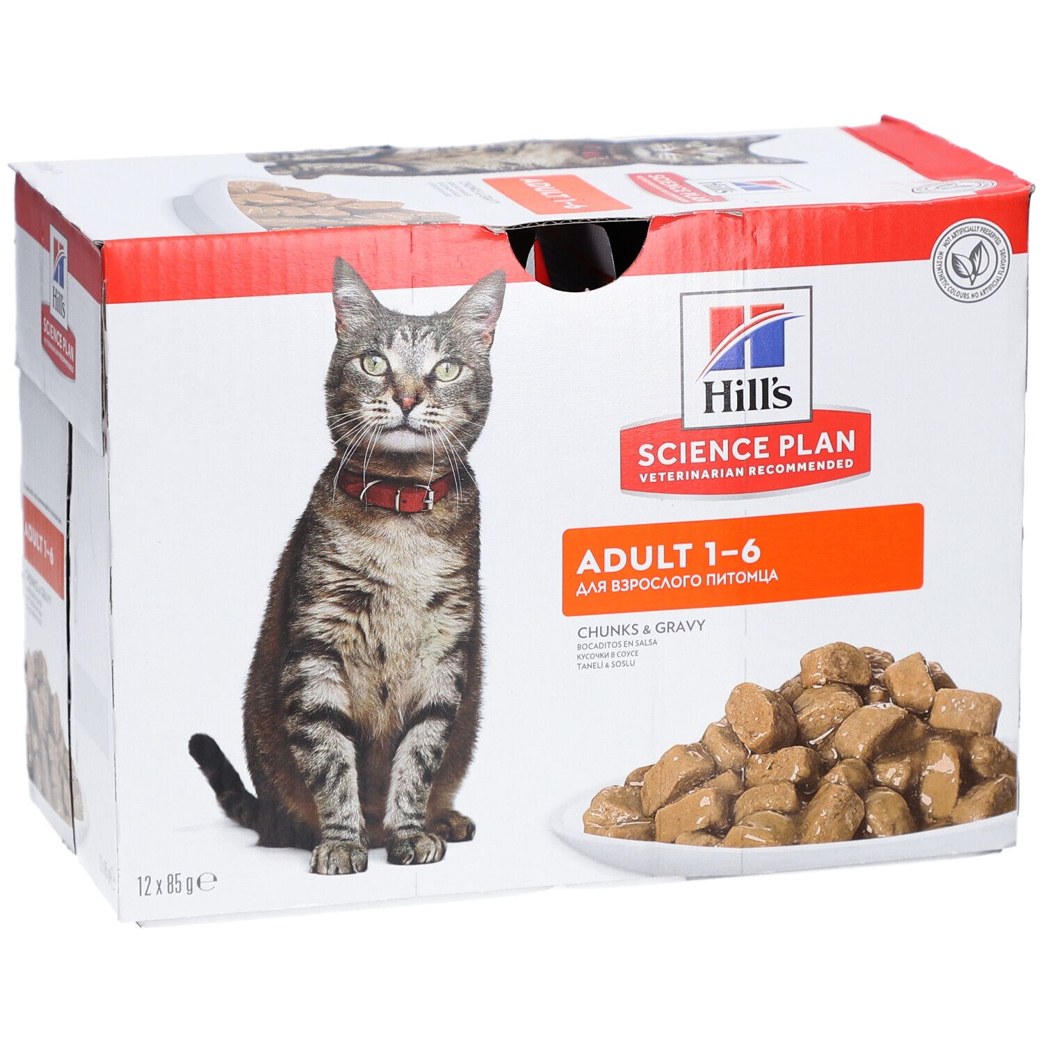 Karton mit Katzenfutter. Aufdruck: Hill's Science Plan, Adult 1-6, Chunks & Gravy. Abbildung einer Katze mit rotem Halsband.