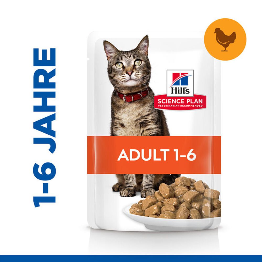 Katzenfutter-Frischebeutel. Aufdruck: Hill's Science Plan, Adult 1-6. Abbildung einer Katze mit rotem Halsband und Futter.