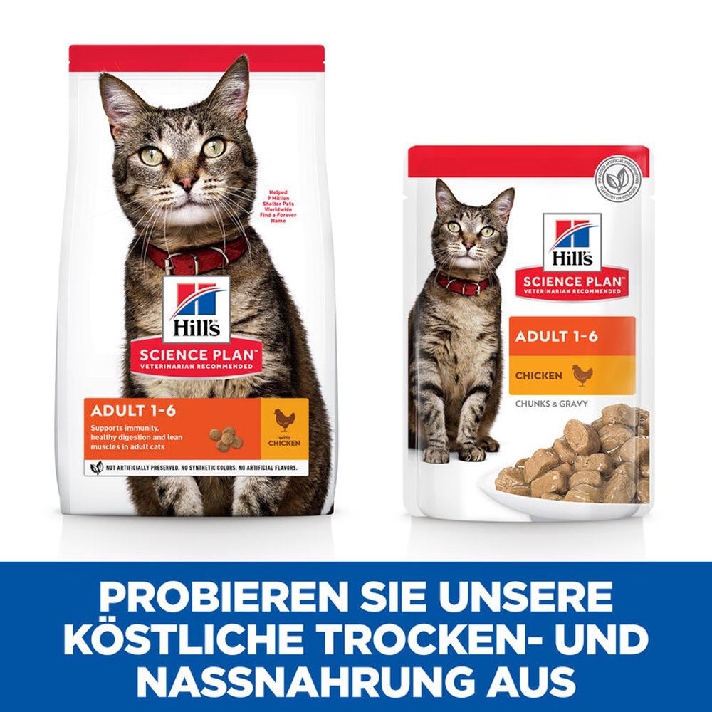 Vergleich von Trocken- und Nassfutter. Aufdruck: Hill's Science Plan, Adult 1-6, Huhn. Abbildung einer Katze mit rotem Halsband.