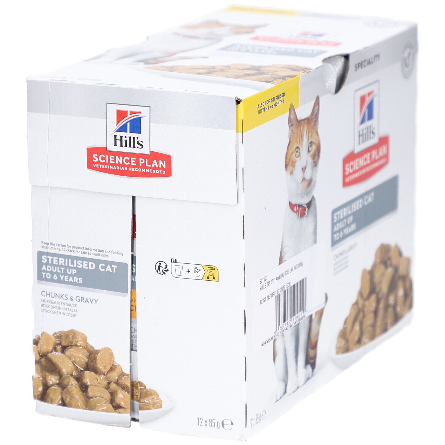 Verpackung Nassfutter für sterilisierte Katzen. Mit Hill's Science Plan Logo und Produktinformationen.