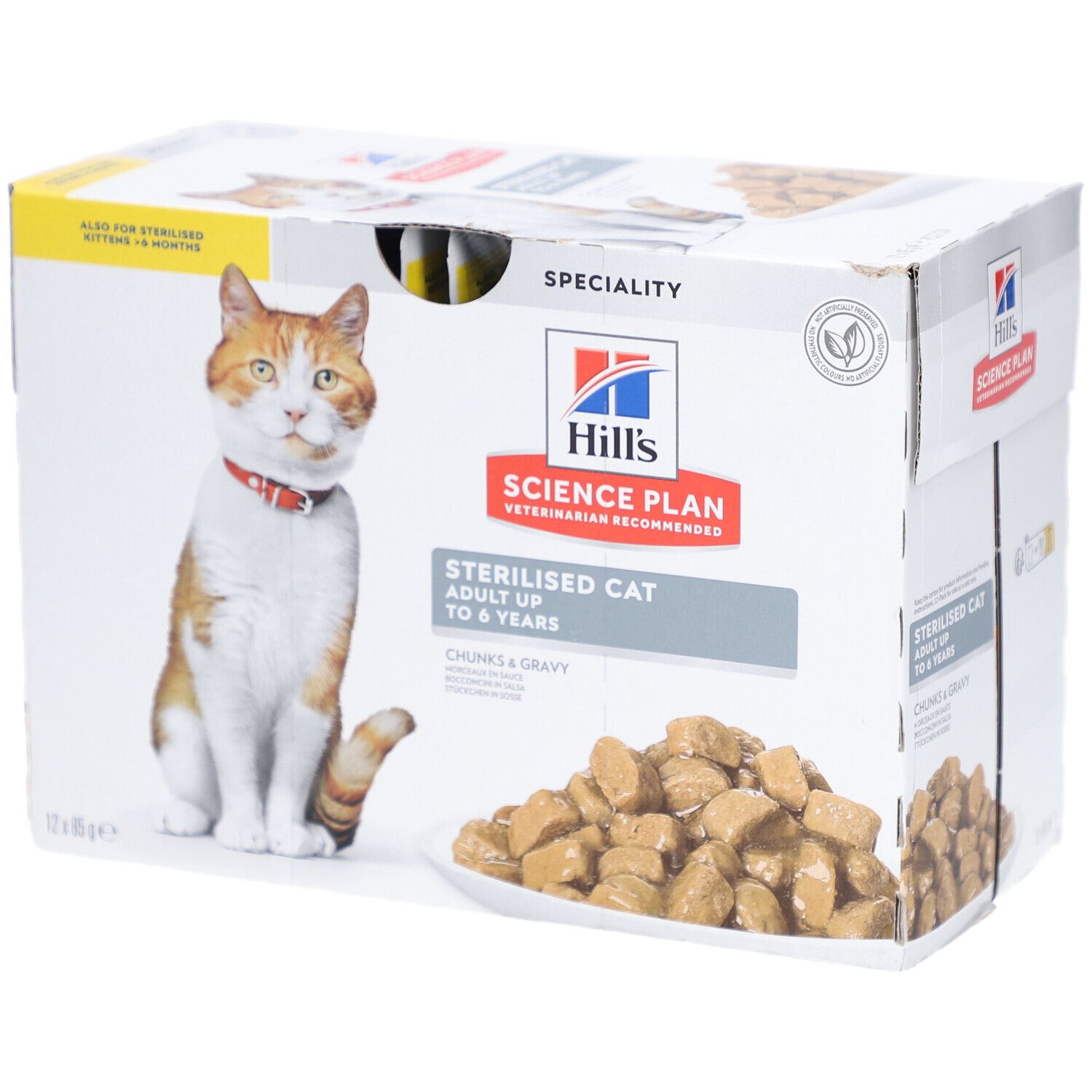 Verpackung Nassfutter für sterilisierte Katzen. Mit Hill's Science Plan Logo und Produktinformationen.