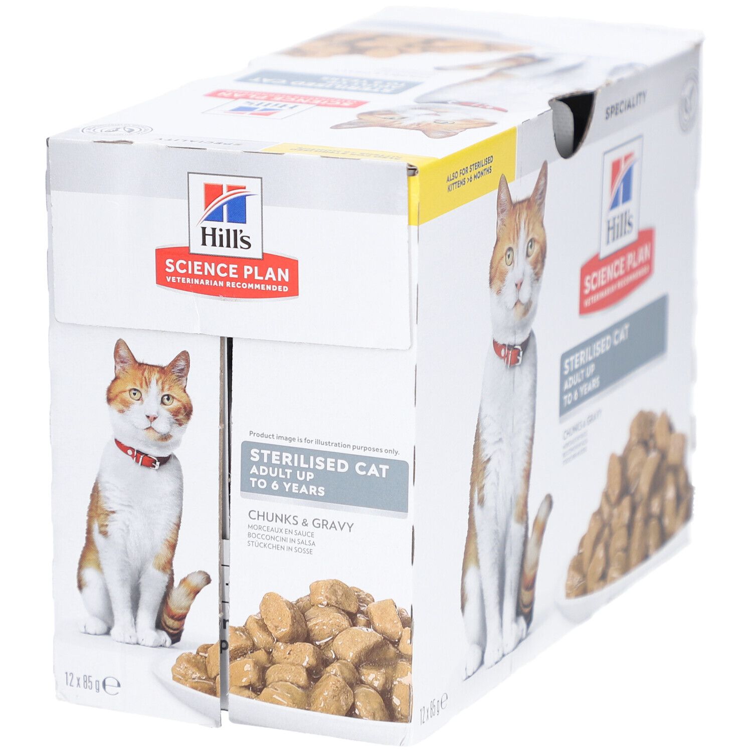 Verpackung Nassfutter für sterilisierte Katzen. Mit Hill's Science Plan Logo und Produktinformationen.