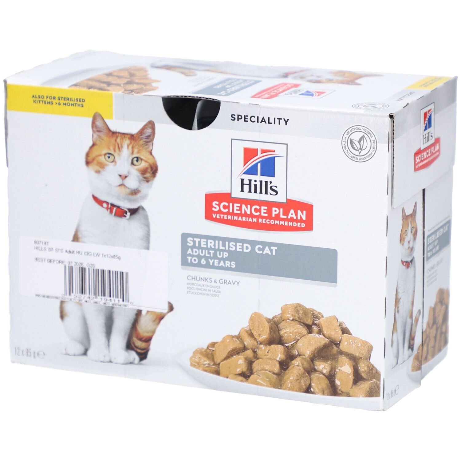 Verpackung Nassfutter für sterilisierte Katzen. Mit Hill's Science Plan Logo und Produktinformationen.