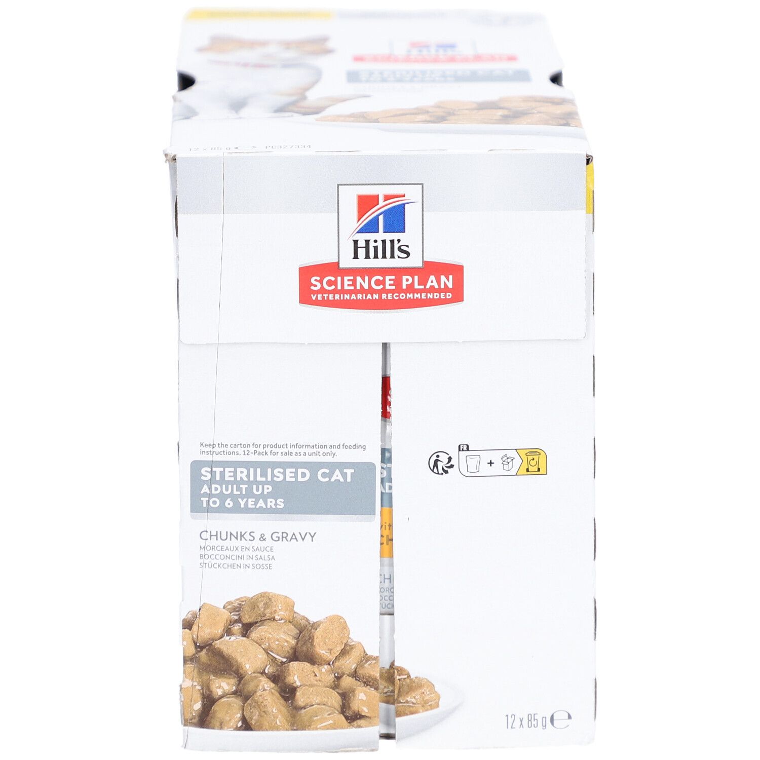 Verpackung Nassfutter für sterilisierte Katzen. Mit Hill's Science Plan Logo und Produktinformationen.