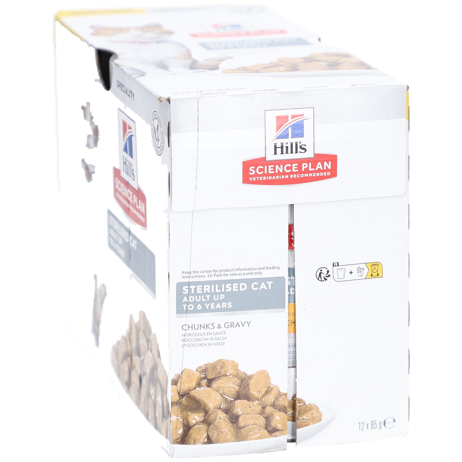 Verpackung Nassfutter für sterilisierte Katzen. Mit Hill's Science Plan Logo und Produktinformationen.