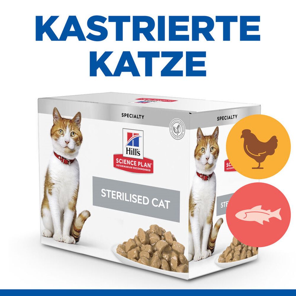 Verpackung Nassfutter für kastrierte Katzen. Mit Hill's Science Plan Logo und Abbildungen von Huhn und Fisch.
