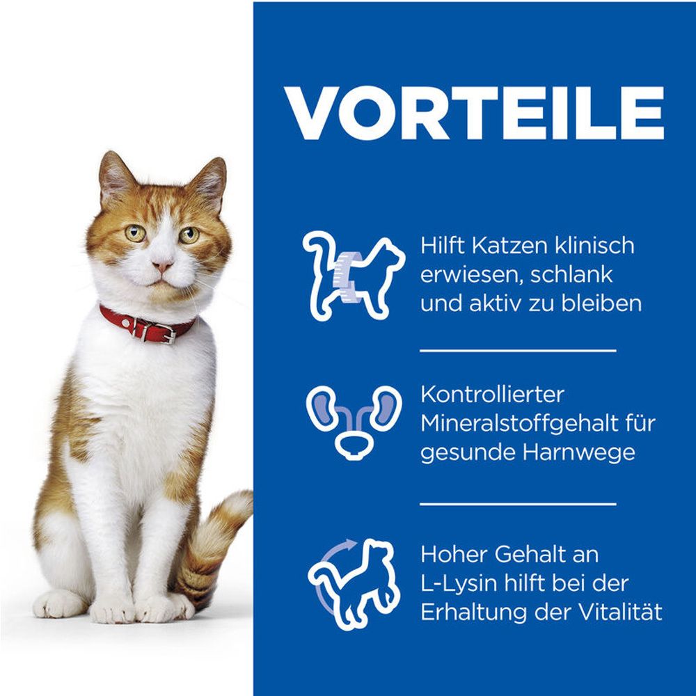 Katze neben Text über Vorteile: schlank bleiben, gesunde Harnwege, Vitalität. Mit Hill's Science Plan Logo.