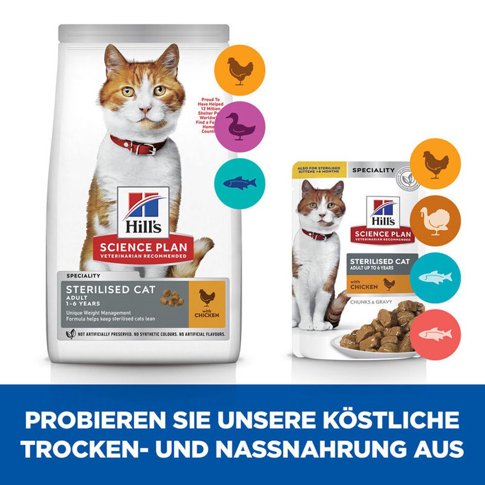 Trocken- und Nassfutter für sterilisierte Katzen. Mit Hill's Science Plan Logo und Abbildungen von Huhn und Fisch.