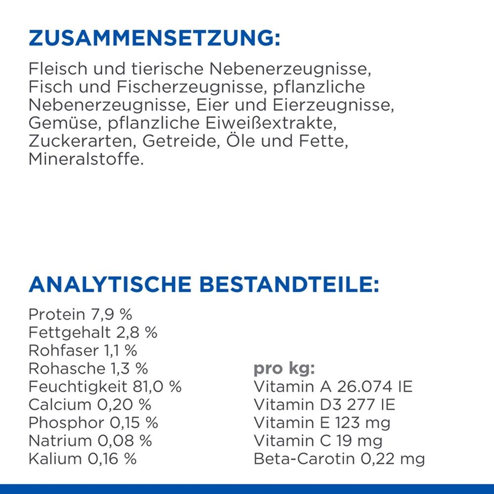 Zusammensetzung und analytische Bestandteile des Katzenfutters. Enthält Protein, Fett, Rohfaser, Asche, Feuchtigkeit.