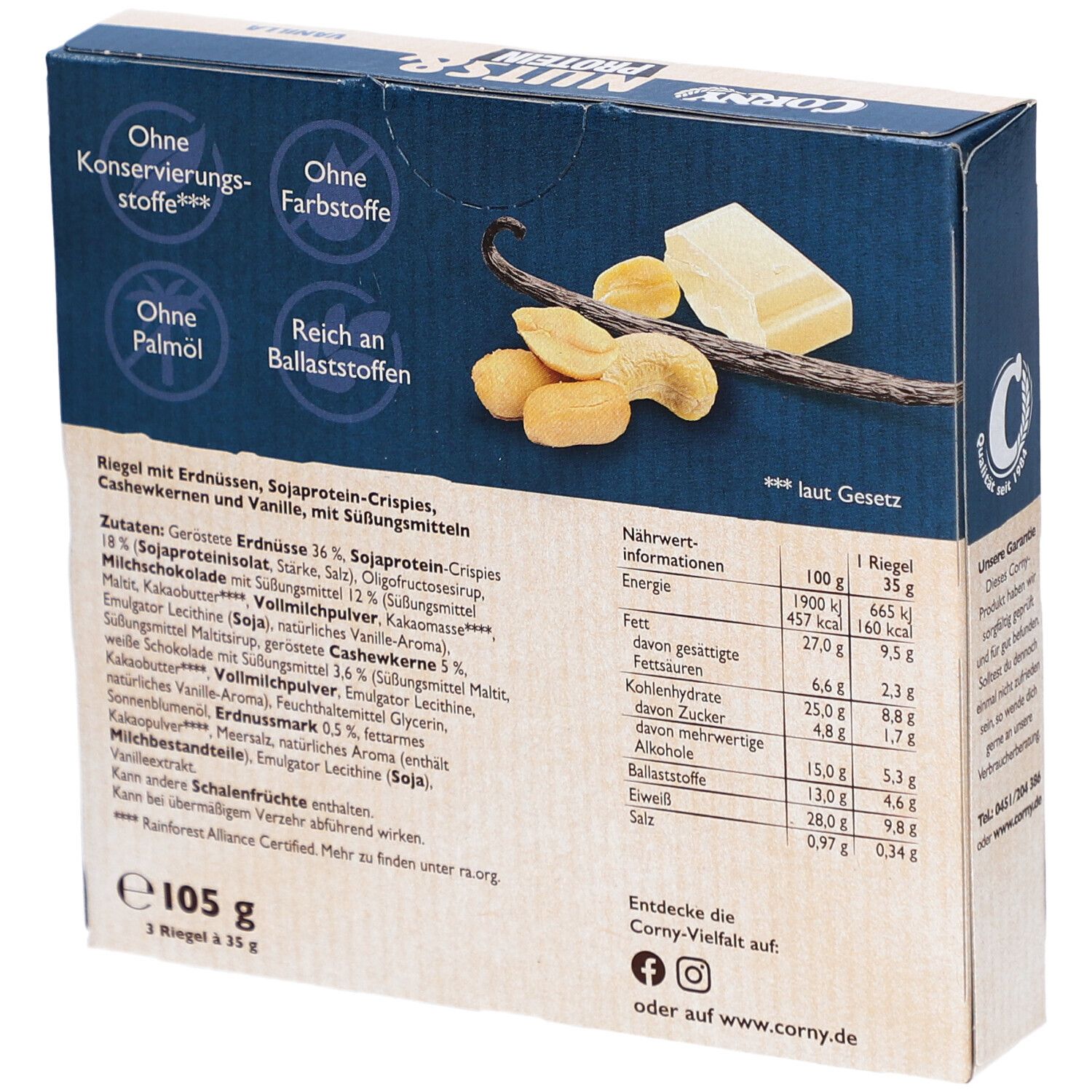 Rückseite der Corny Nuts & Protein Vanille Riegel Verpackung. Enthält Nährwertangaben, Zutatenliste und Logos.