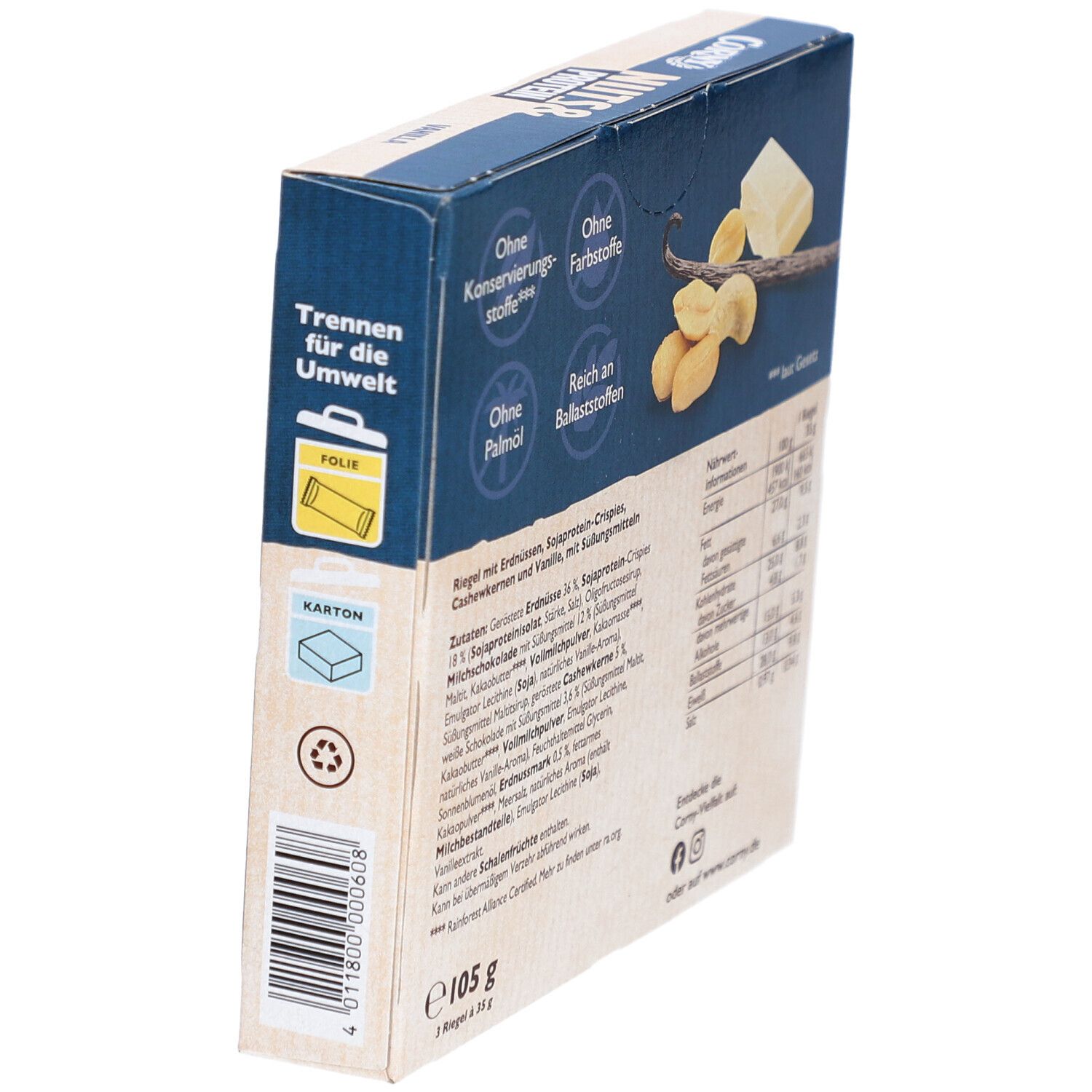 Schrägansicht der Rückseite der Corny Nuts & Protein Vanille Riegel Verpackung. Enthält Nährwertangaben, Zutatenliste und Logos.
