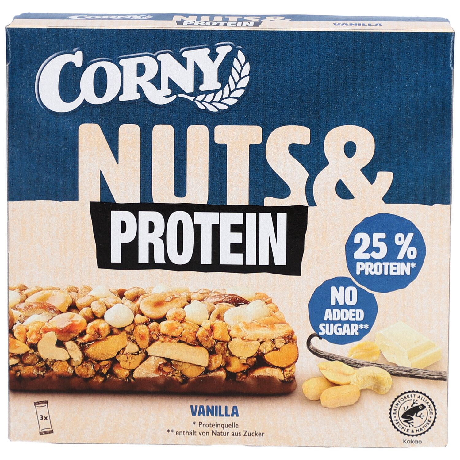 Vorderansicht der Corny Nuts & Protein Vanille Riegel Verpackung. Blaue und beige Box mit Riegel-Abbildung, Cashewkernen und Vanille.