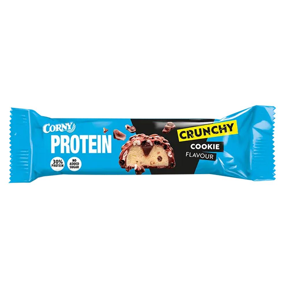 Blauer Riegel mit der Aufschrift "Corny Protein Crunchy Cookie". Der Riegel ist teilweise angeschnitten und zeigt den Inhalt.