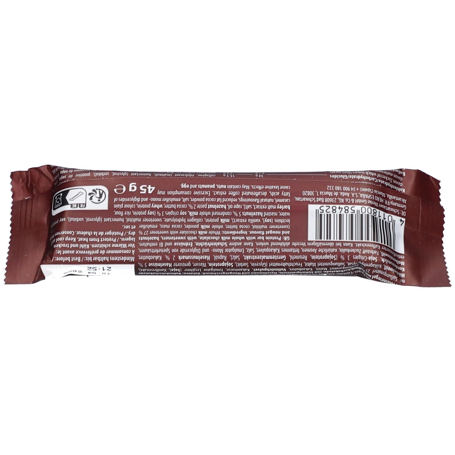 Rückseite der Corny Protein Riegel Verpackung. Enthält Informationen zu Zutaten, Nährwerten und Hersteller.