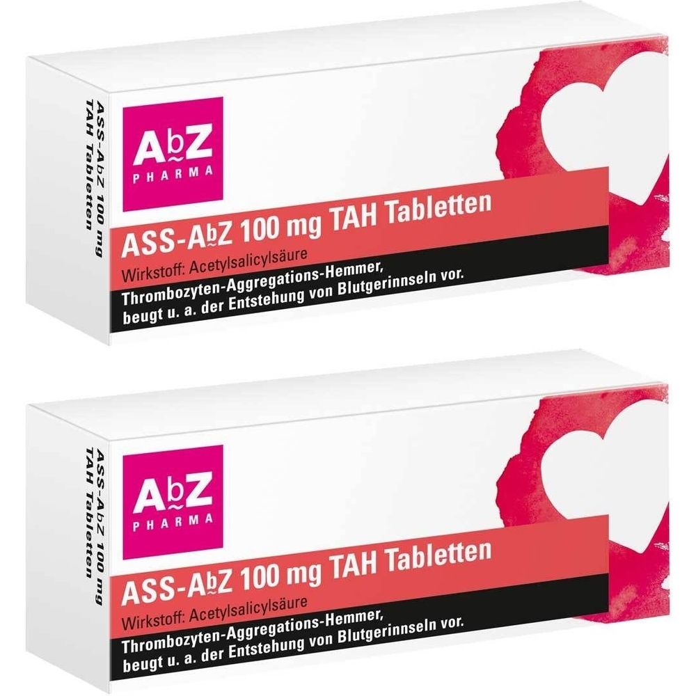 Zwei weiße Schachteln mit roter und schwarzer Beschriftung. Aufschrift: ASS-AbZ 100 mg TAH Tabletten. Logo: AbZ Pharma.